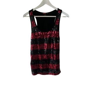 Y2K Sparkly Racerback Sequin Tank Top Women Size Medium Black & Berry Red